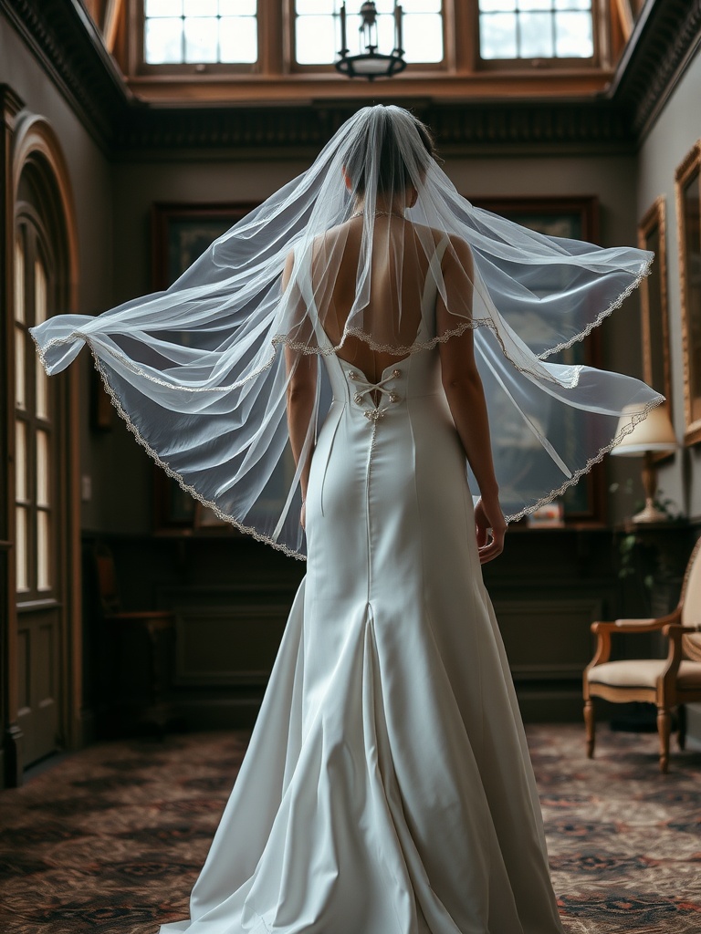 Bride in a stunning wedding dress with a long veil looking out a window