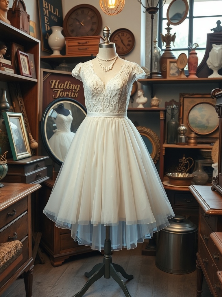 A vintage-inspired short wedding dress displayed in a charming setting, featuring a lace bodice and flowing skirt.