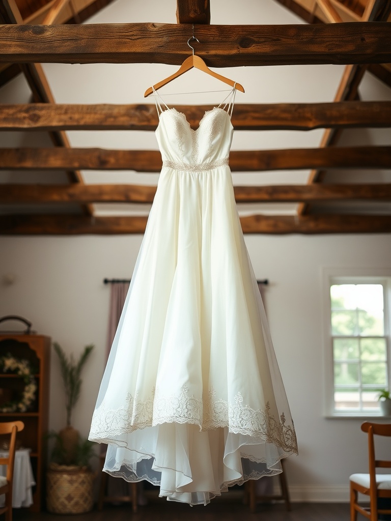 A vintage-inspired eco-friendly wedding dress hanging on a wooden beam in a beautifully decorated room.