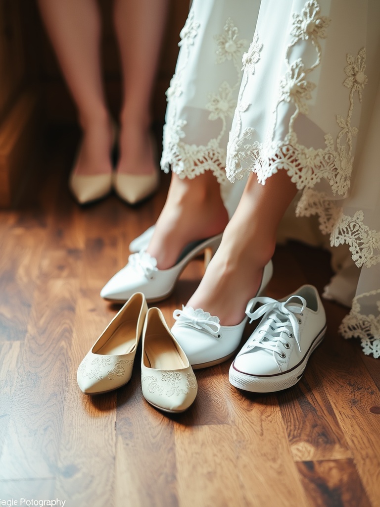 A selection of vintage-inspired flats, elegant heels, and classic sneakers for wedding shoes.