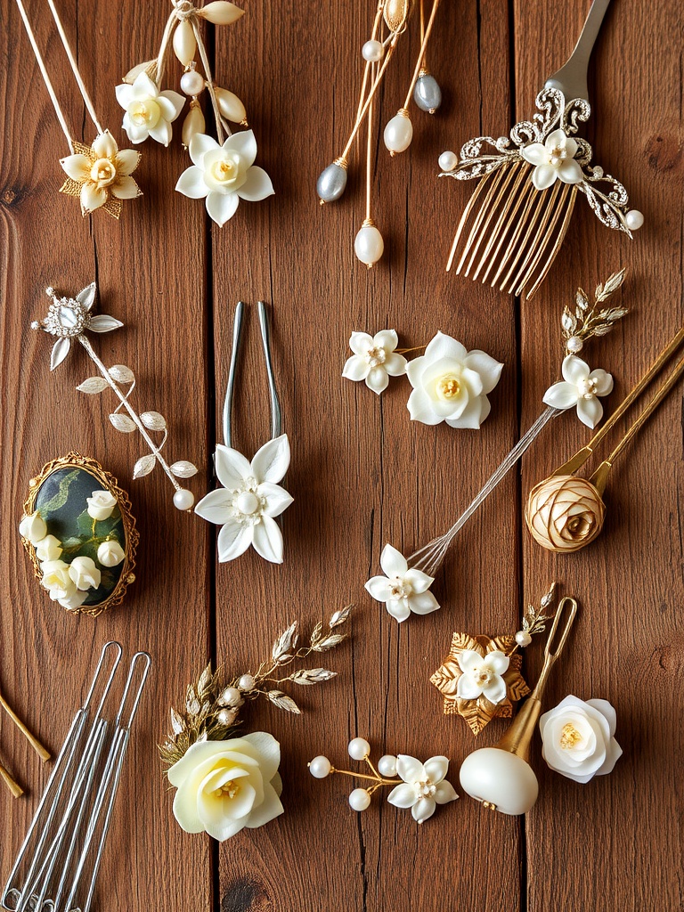 An assortment of vintage-inspired bridal hair pins, combs, and clips featuring flowers, pearls, and intricate designs on a wooden background.