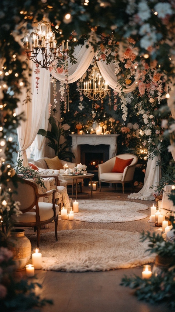 A vintage-inspired lounge area decorated for a romantic wedding, featuring soft lighting, flowers, and cozy seating.