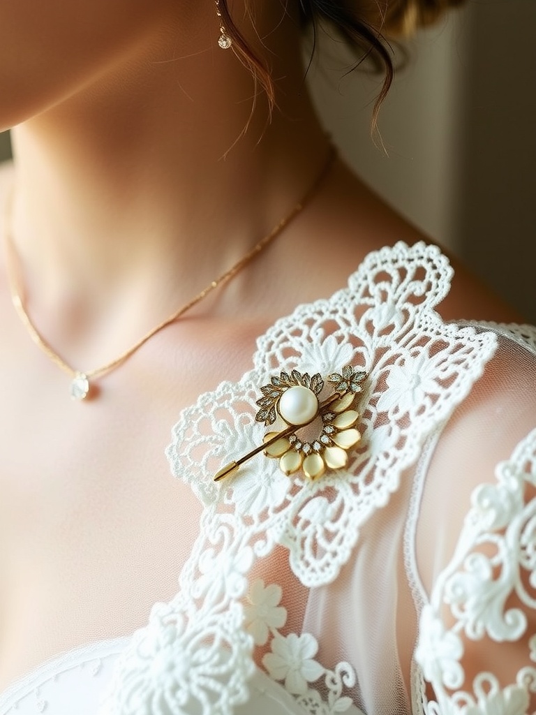 Close-up of a bride wearing delicate minimalist jewelry with lace detailing on her dress.