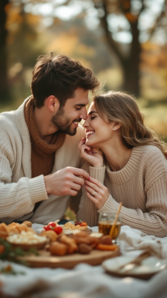 A couple enjoying a vintage-inspired picnic, smiling and sharing a tender moment.
