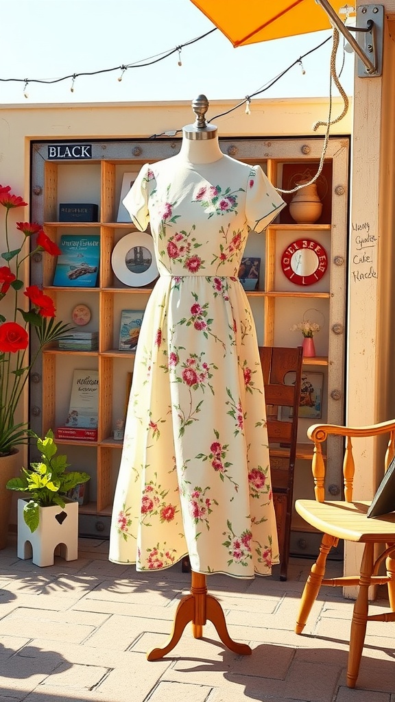 A vintage-inspired tea dress with a floral pattern, displayed on a mannequin in a vibrant setting.