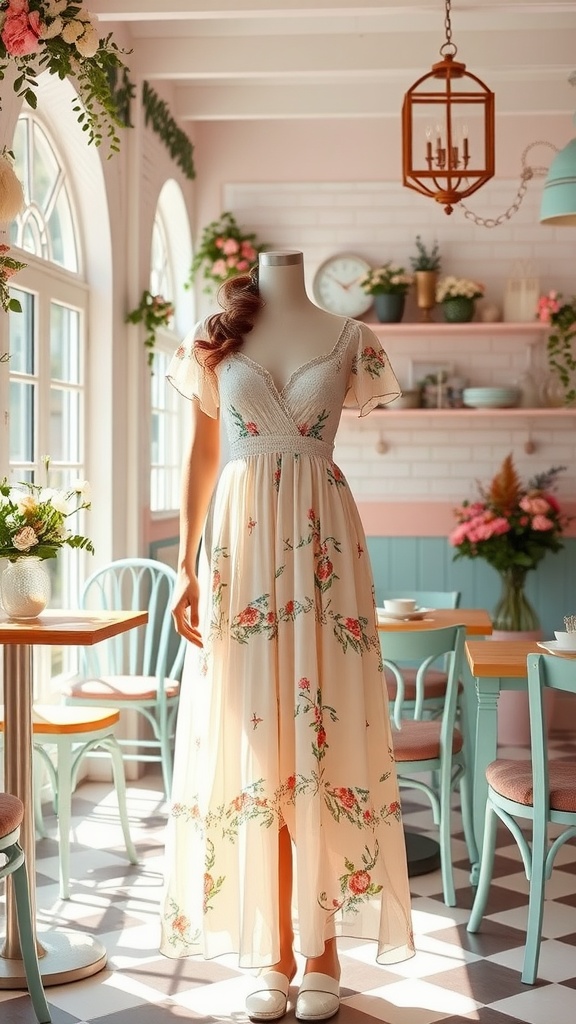 A vintage-inspired tea dress with floral embroidery displayed in a stylish café setting.
