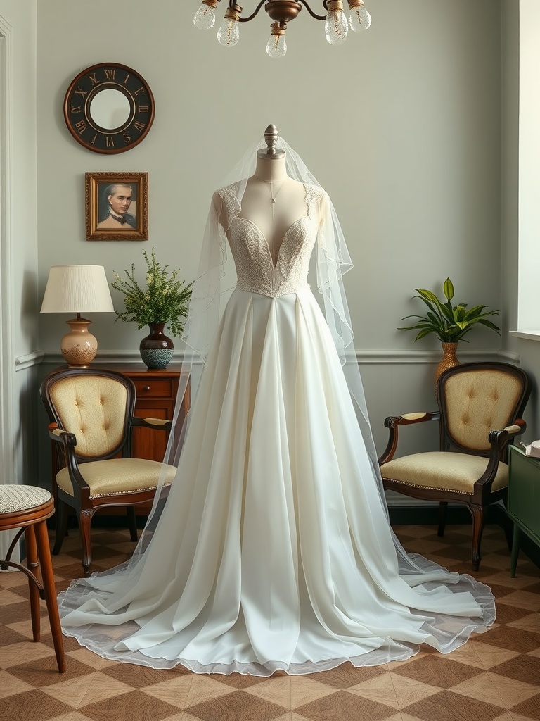 A vintage-inspired wedding dress displayed in a chic room with modern decor.