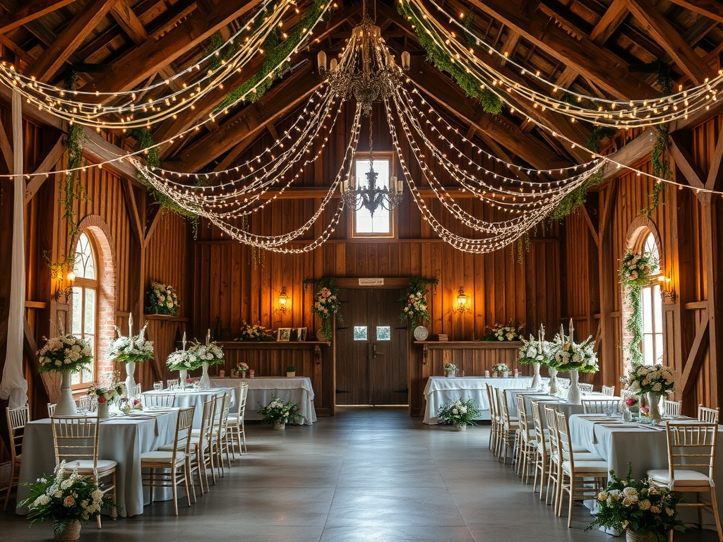 Interior of a vintage barn decorated for a wedding, featuring warm wooden beams and twinkling lights.