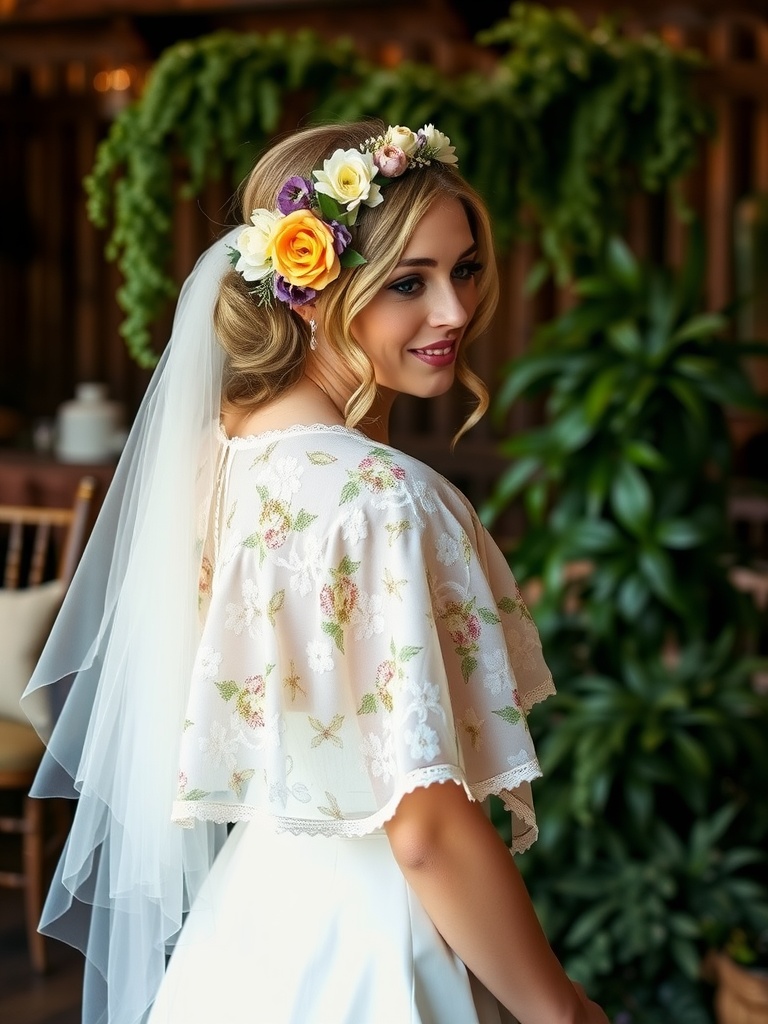 A bride wearing a vintage capelet with floral accents, standing in a rustic setting.