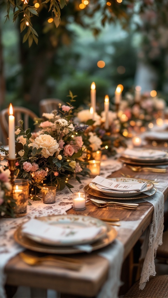 Elegant vintage china wedding table setting with floral arrangements and candles