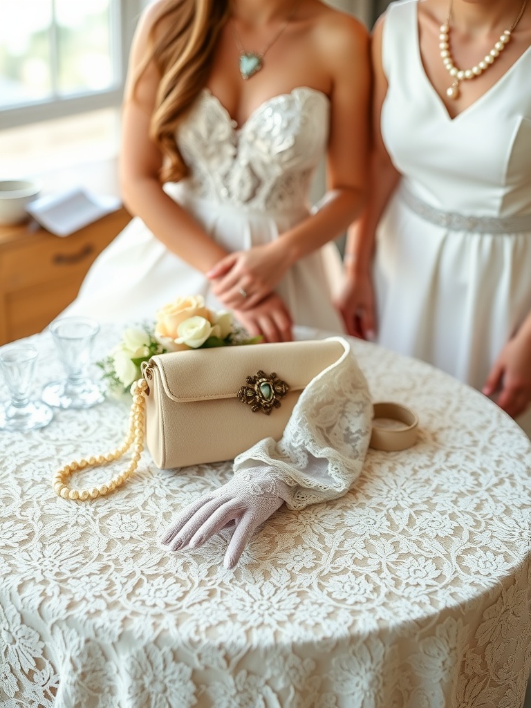A display of vintage bridal accessories including lace gloves and a pastel handbag on a lace tablecloth, with bridesmaids in background.
