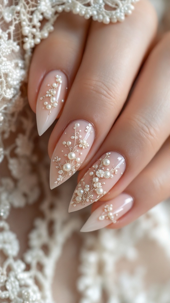 Vintage floral nail design with pearls, featuring an elegant ombre effect.