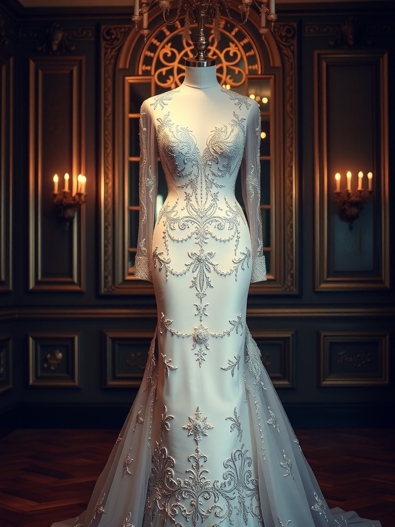 A vintage glamour wedding dress with intricate beaded accents displayed elegantly.