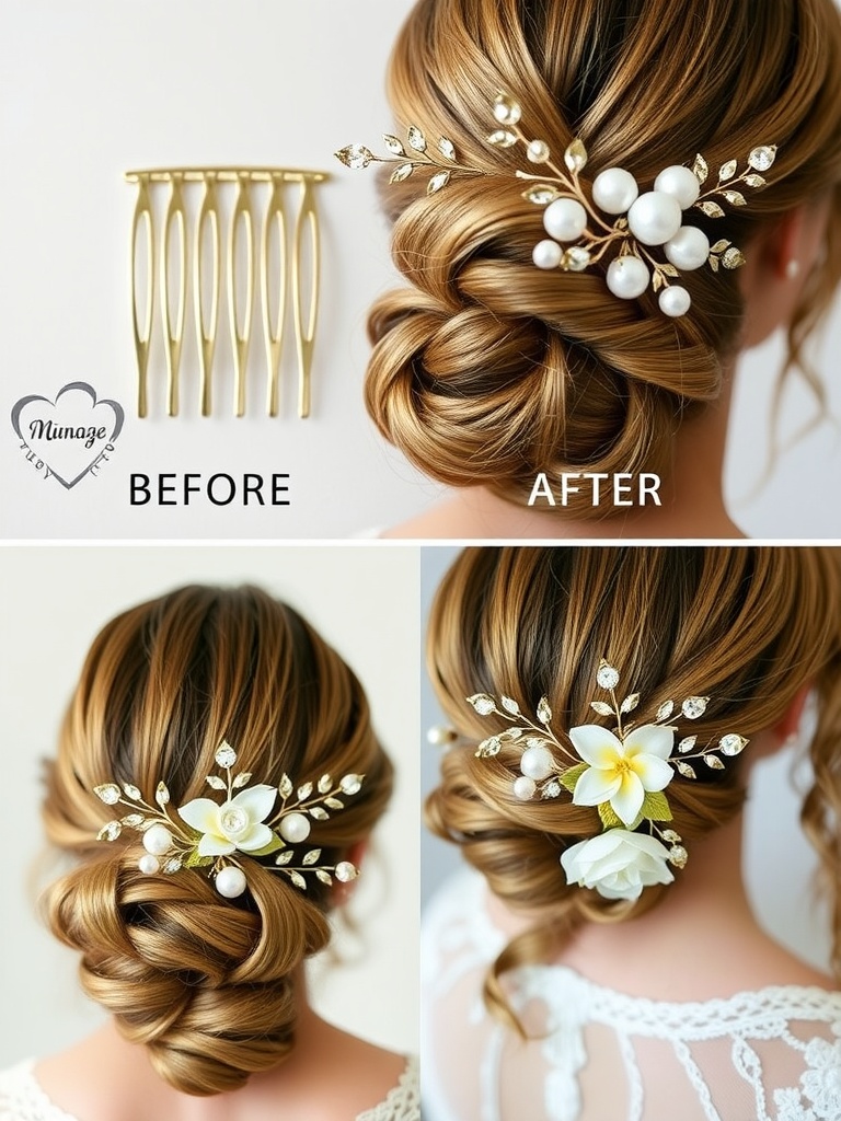 A before-and-after image of a vintage hair comb restoration, showing a simple comb and its enhanced version with pearls and crystals in a bridal hairstyle.