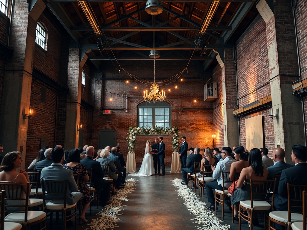 Wedding ceremony in a vintage industrial warehouse with exposed brick walls and a chandelier.