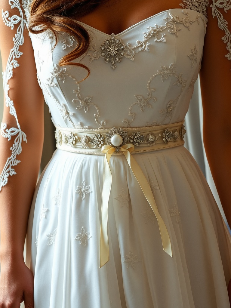 Close-up of a bride's wedding dress with an embellished belt and elegant details.