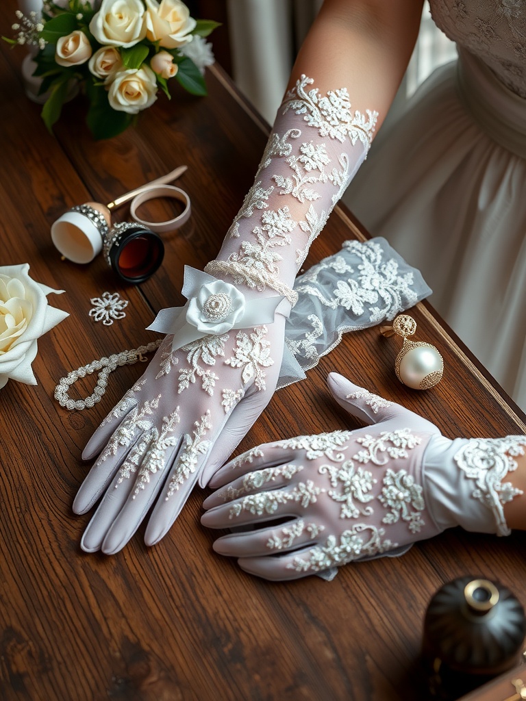 Vintage inspired beaded bridal gloves on a wooden table with wedding accessories.
