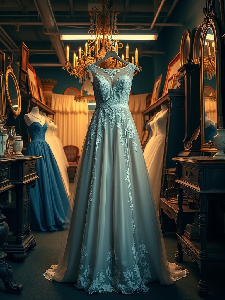 A vintage-inspired colored wedding dress displayed elegantly in a boutique.