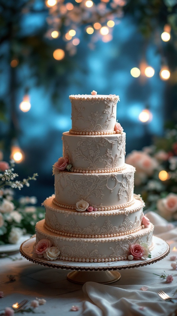 An elegant vintage wedding cake with intricate lace design and soft pastel roses, illuminated by soft lighting.