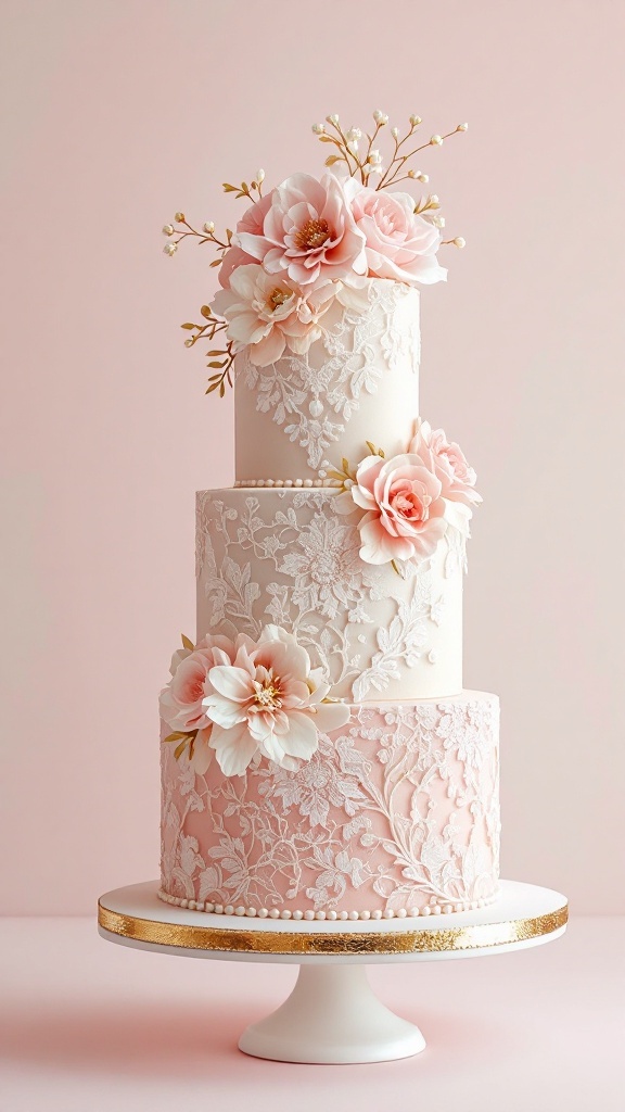 Three-tiered wedding cake with vintage lace design and pink flowers