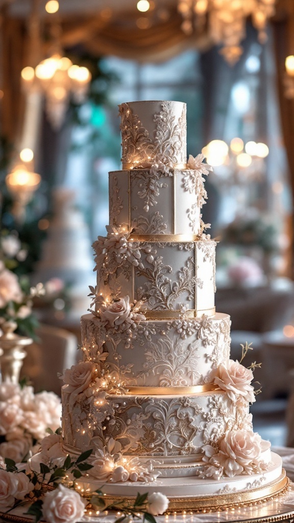 A luxurious wedding cake with vintage lace detailing, adorned with flowers and golden accents.