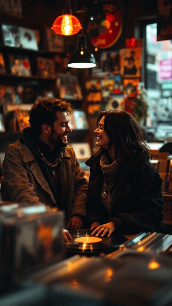 Couple smiling at each other in a vintage record store surrounded by vinyl records.