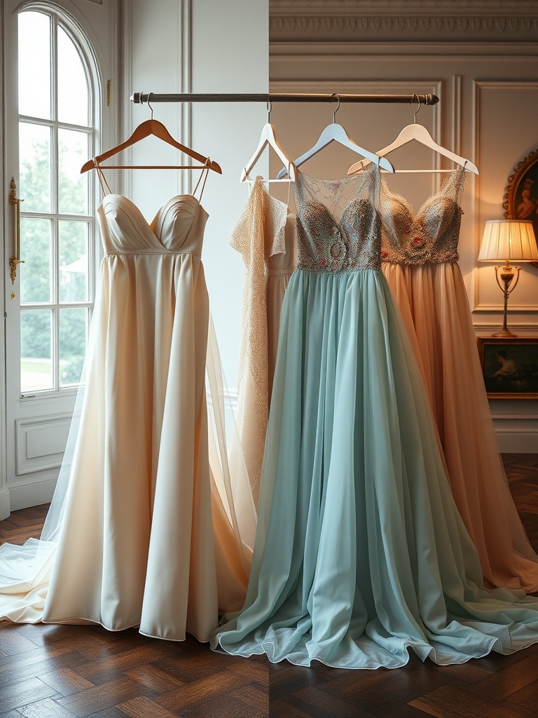 A selection of colored wedding dresses displayed on hangers, showcasing pastel shades and elegant designs.