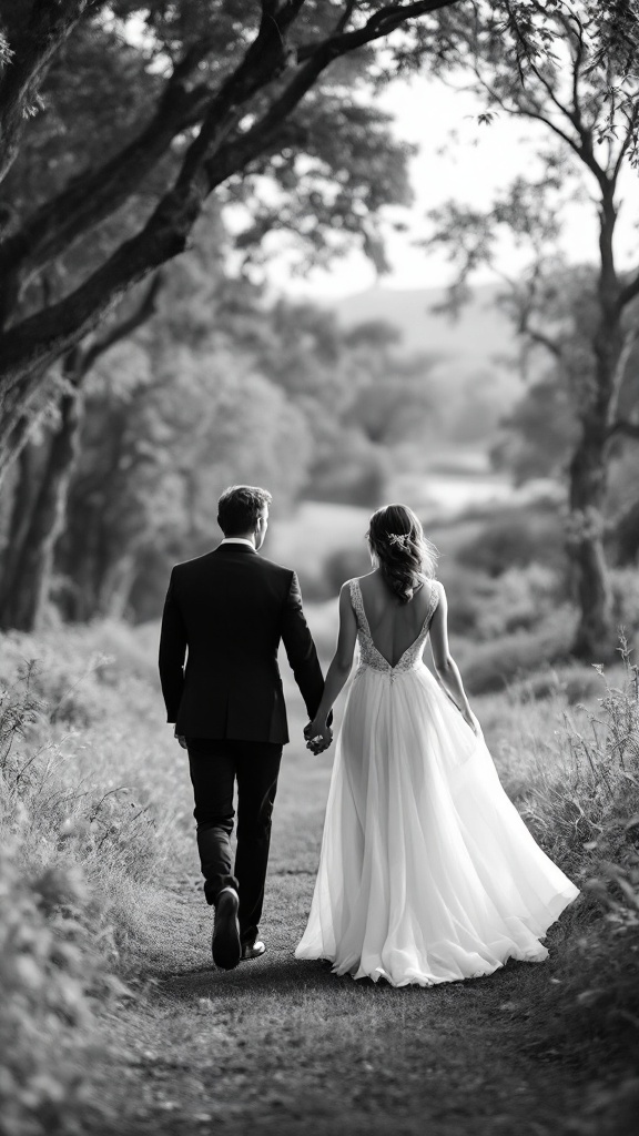 Couple walking hand in hand in nature during engagement photoshoot