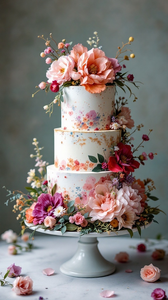 A stunning three-tier watercolor floral wedding cake adorned with colorful flowers and greenery.