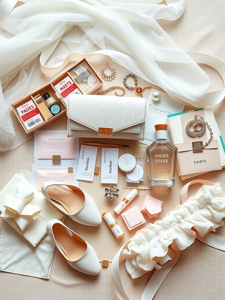 An organized wedding day emergency kit with bridal accessories including shoes, jewelry, clutch, veil, and more.