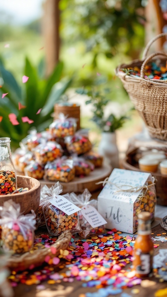 A table with colorful wedding favors and confetti, showcasing local treats.