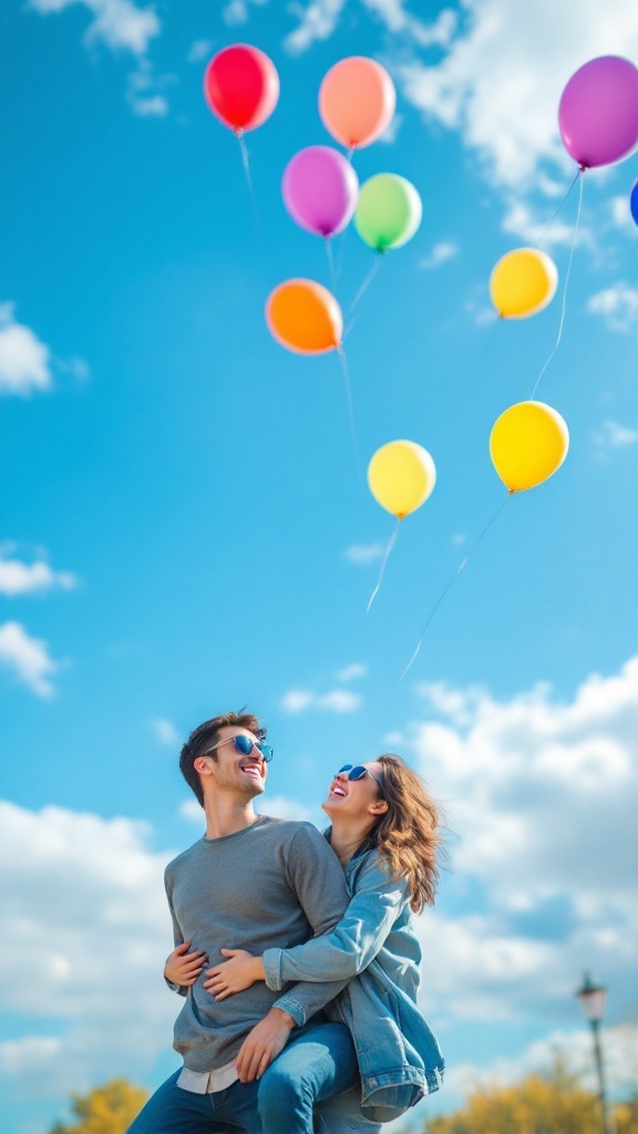A happy couple holding each other while colorful balloons float in the sky.