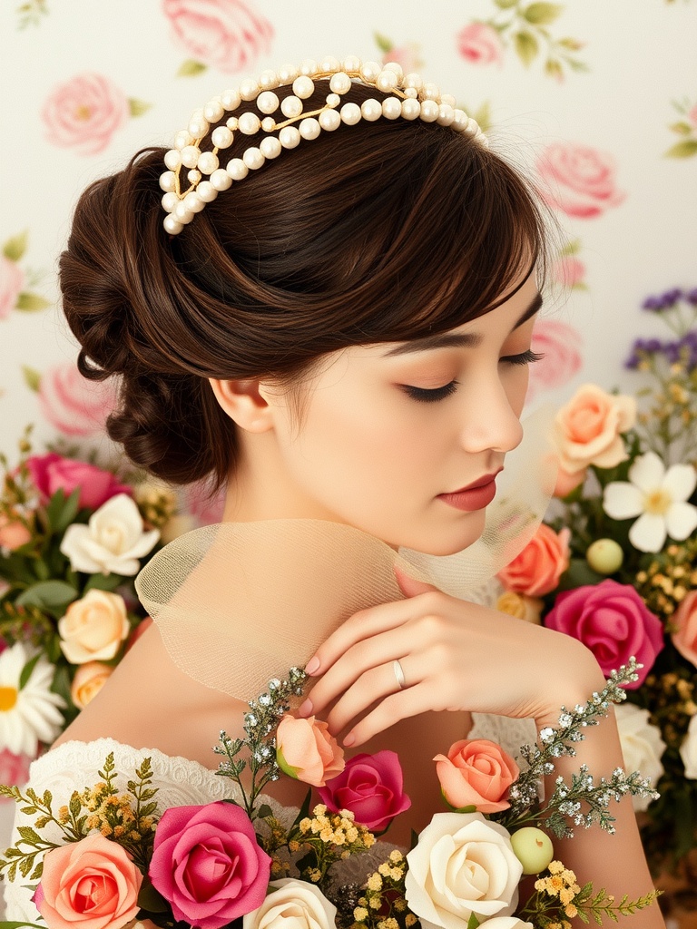 A bride with a beaded headband, floral backdrop, showcasing vintage wedding styling.