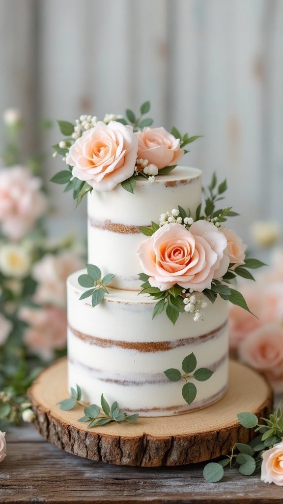A two-tier rustic wedding cake decorated with buttercream roses and greenery on a wooden slice.