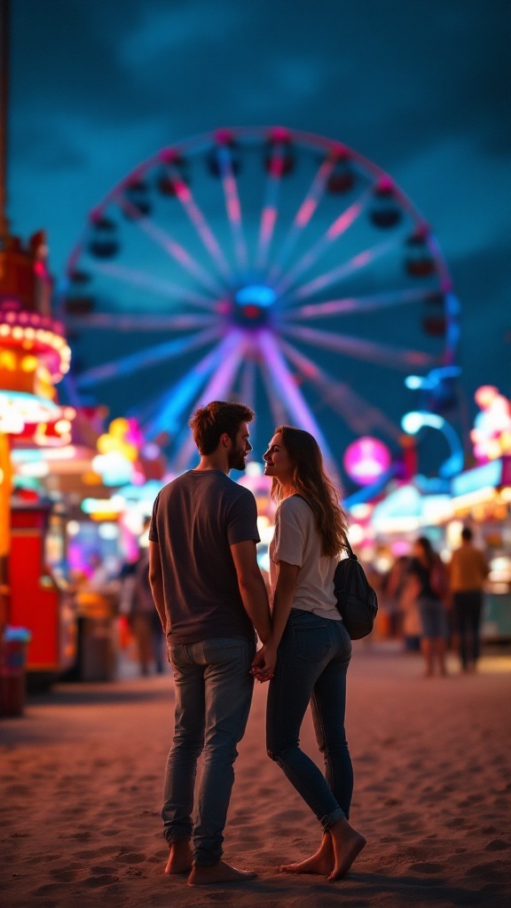 Couple standing at a carnival during twilight, looking at each other with a ferris wheel in the background.