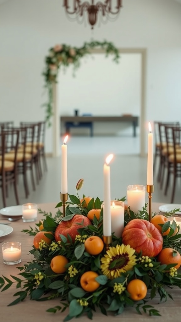 A whimsical wedding centerpiece featuring fruits, flowers, and candles.
