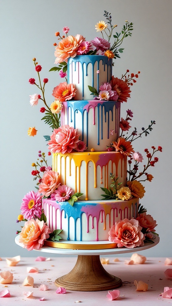 A colorful four-tiered drip cake decorated with fresh flowers and vibrant drips of icing.