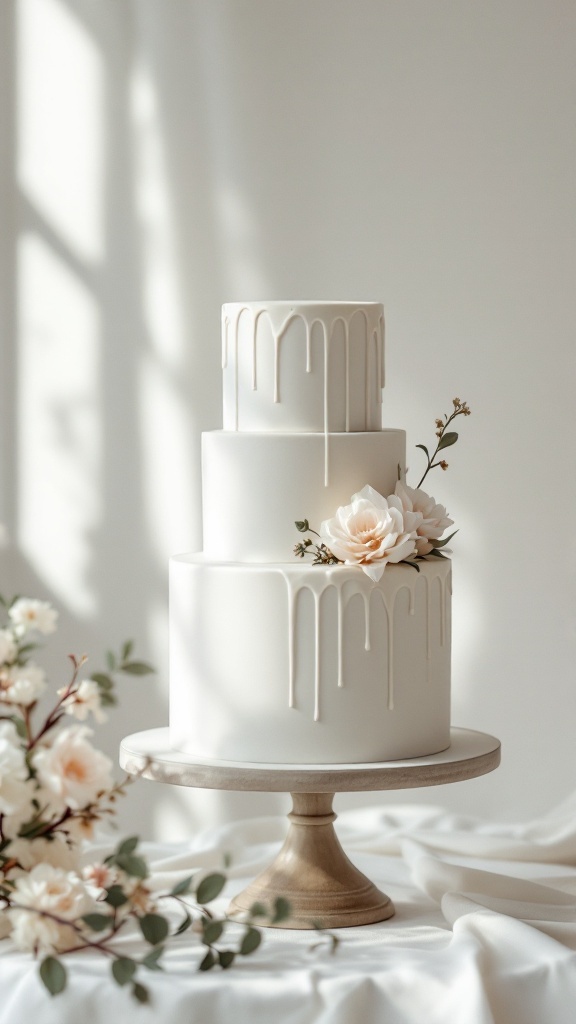 A three-tiered minimalist wedding cake with white icing and floral decorations.
