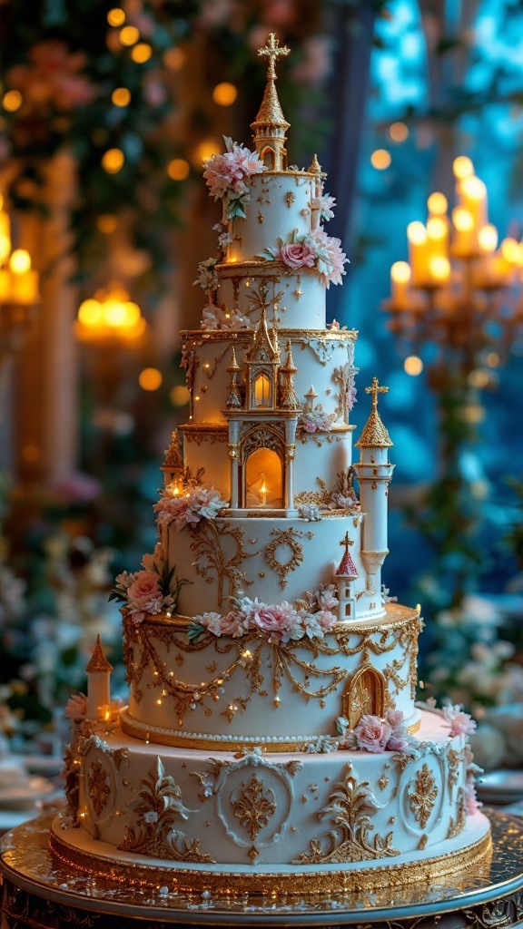 A luxurious wedding cake designed with whimsical fairy tale elements, featuring ornate towers, floral decorations, and warm lighting.