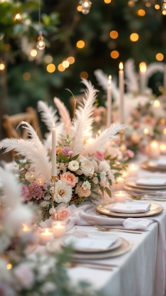 A beautifully decorated wedding table with feathers, flowers, candles, and soft lighting.