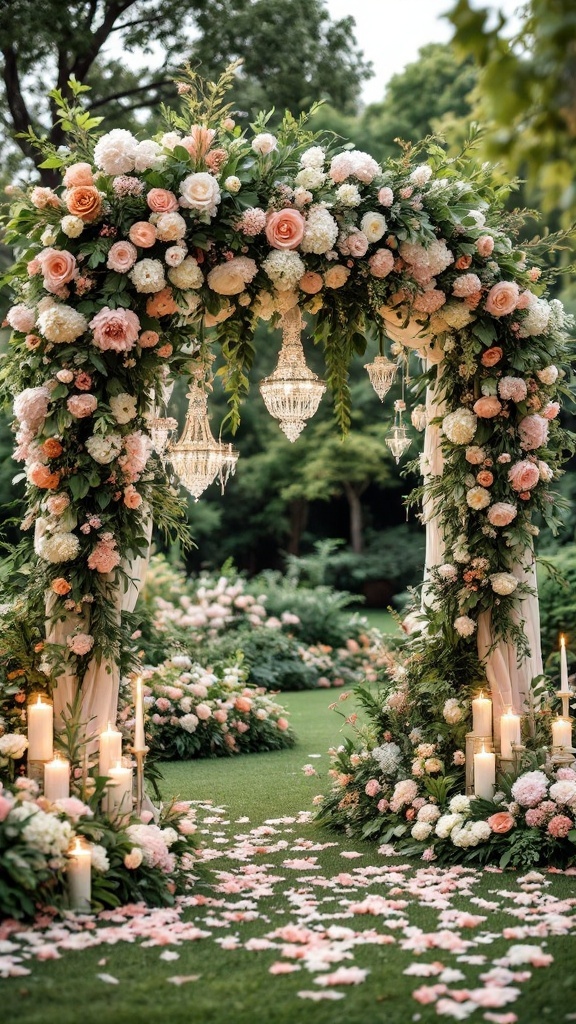 A beautiful floral arch adorned with pastel flowers and chandeliers, creating a romantic wedding atmosphere.