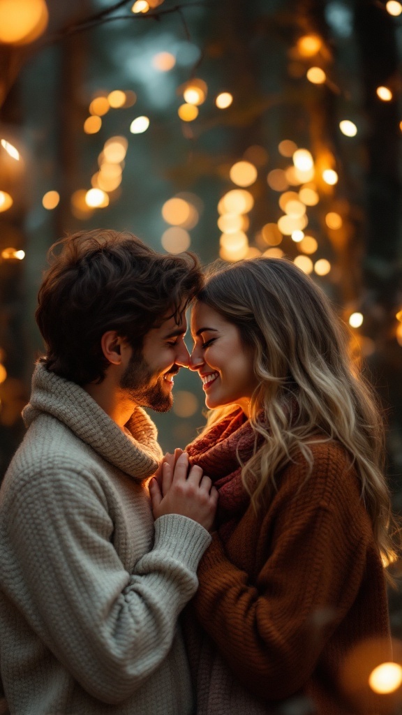 Couple embracing in a whimsical forest setting with fairy lights, celebrating their love.