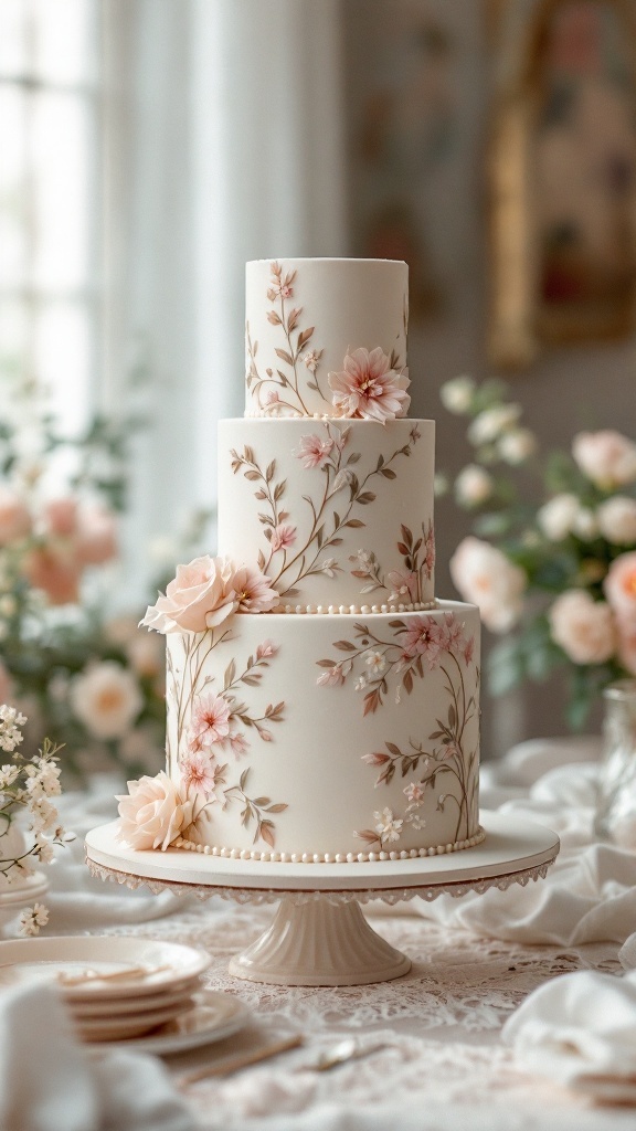 A three-tier vintage wedding cake with hand-painted floral patterns and soft pastel colors.