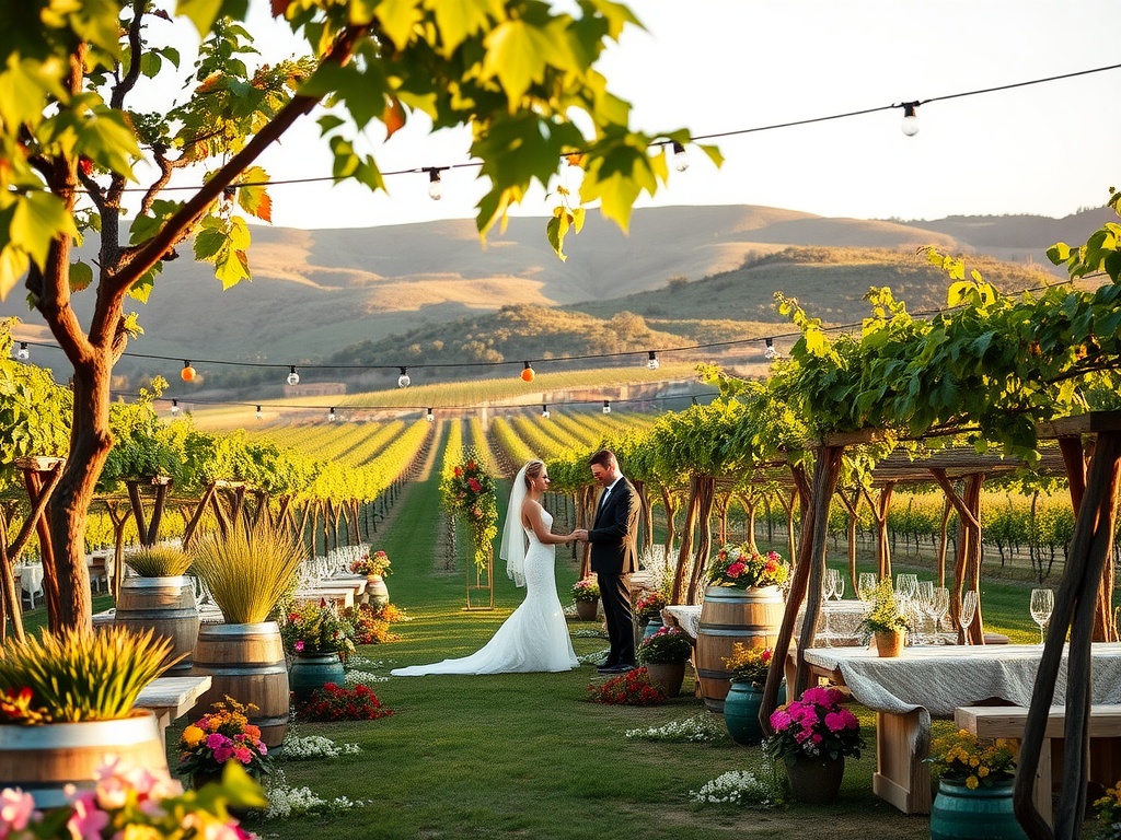 A couple exchanging vows in a vineyard garden with colorful flowers and rolling hills in the background