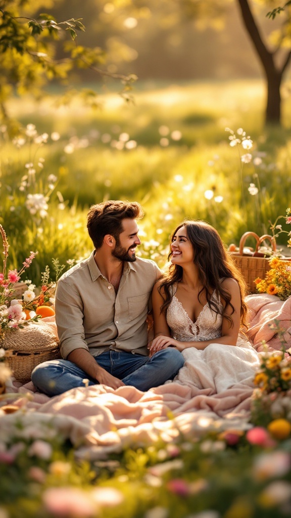 A couple enjoying a picnic in a sunlit meadow surrounded by flowers.