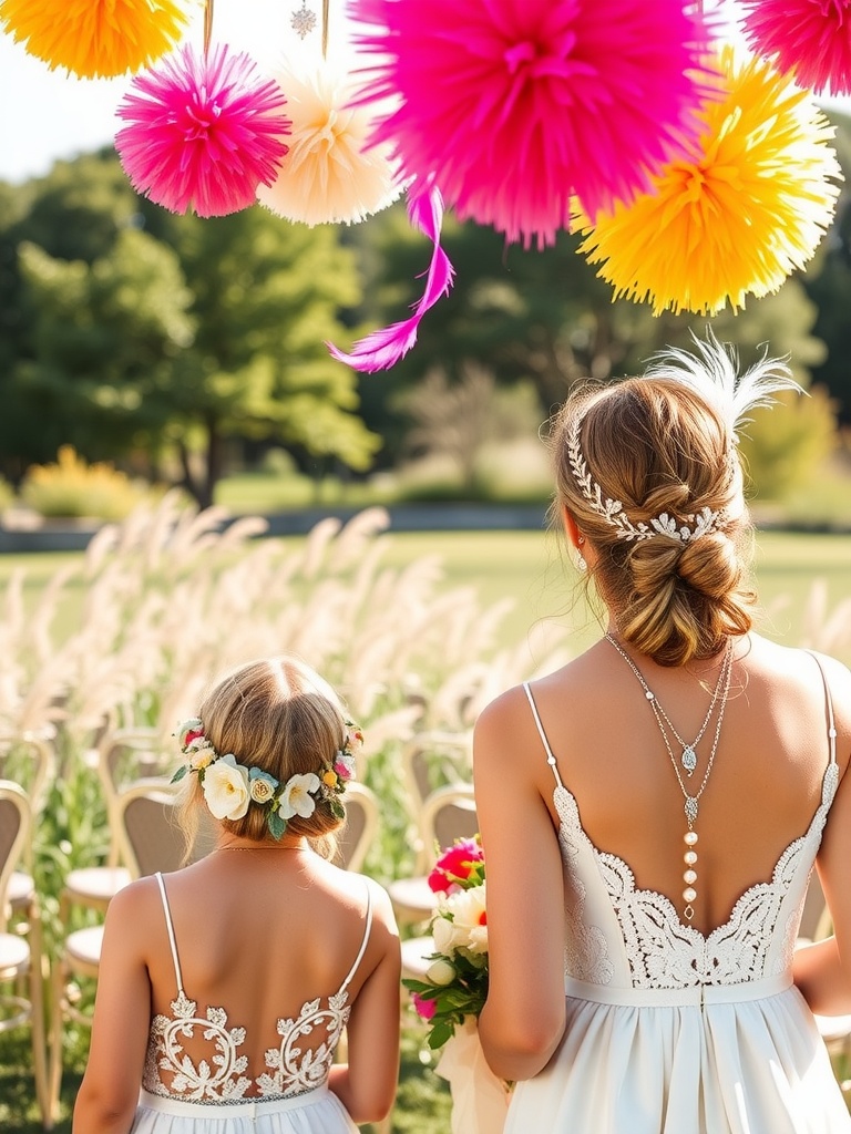 Two brides with whimsical accessories at a wedding, featuring colorful decorations and flower crowns.