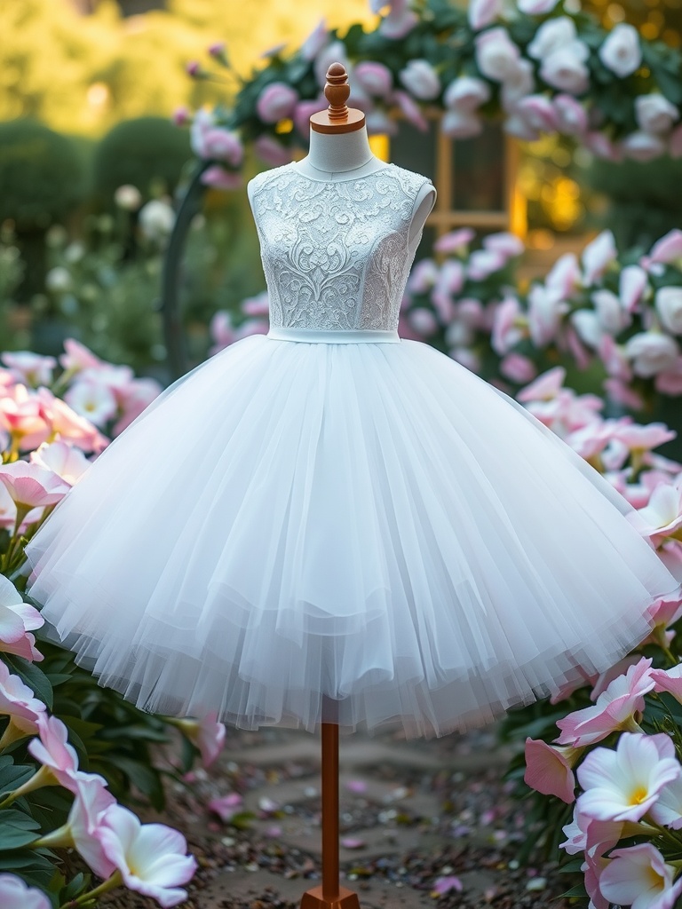 Short wedding dress with a tulle skirt displayed among flowers