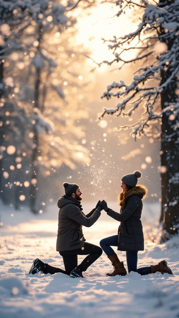 A couple in winter clothing, with the man proposing in a snowy forest setting, capturing a moment of joy and surprise.