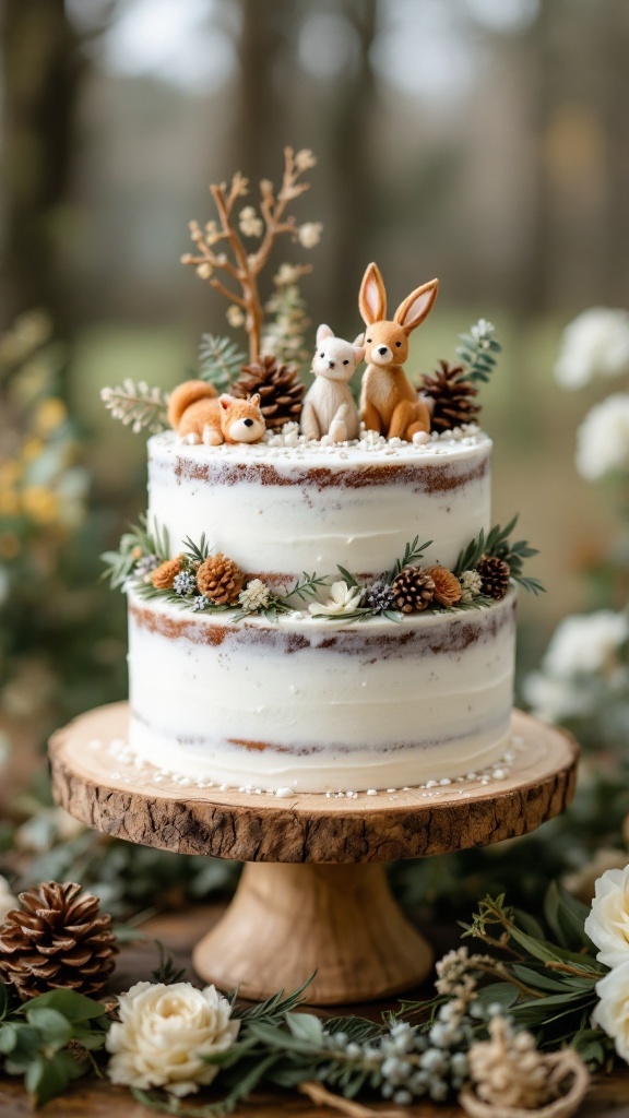 Rustic wedding cake featuring woodland animal cake toppers and natural decor.