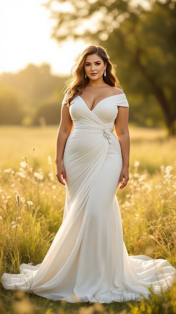 A curvy bride wearing a white wrap wedding dress in a field during sunset.